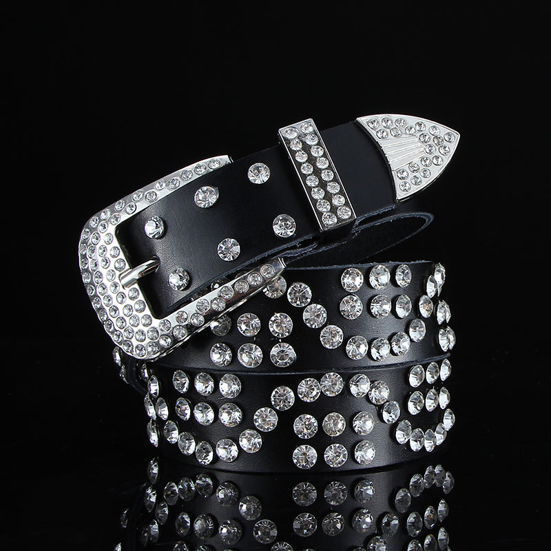 Fashion All-match Black and White Leather Belt With Diamond Leather Wide Leather Belt With Crystals