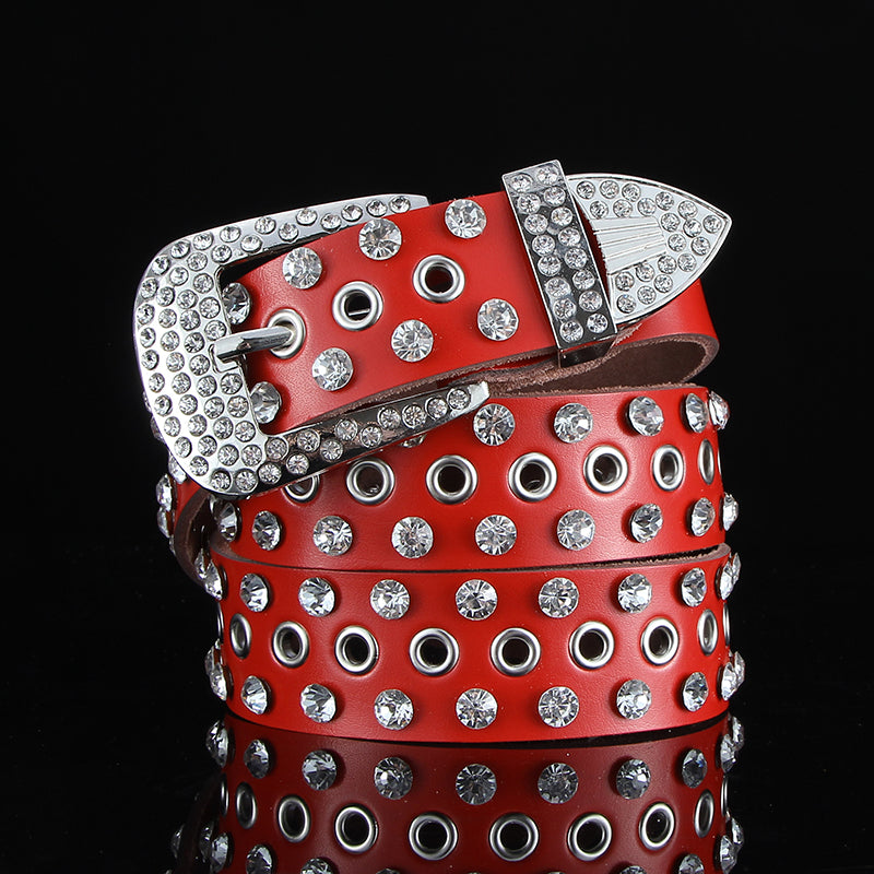 Fashion All-match Black and White Leather Belt With Diamond Leather Wide Leather Belt With Crystals