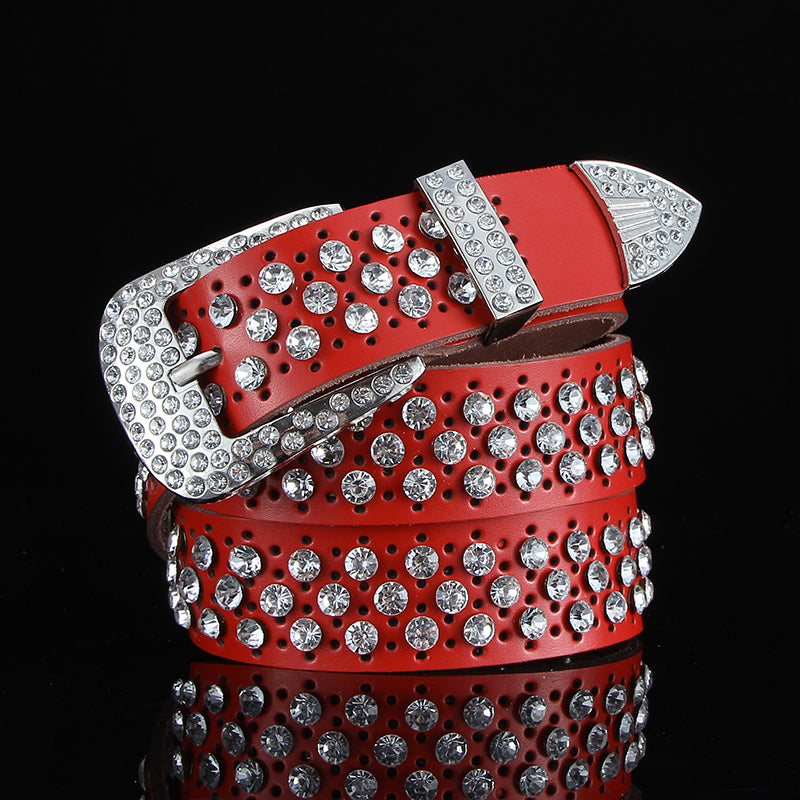 Fashion All-match Black and White Leather Belt With Diamond Leather Wide Leather Belt With Crystals