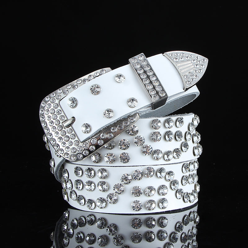 Fashion All-match Black and White Leather Belt With Diamond Leather Wide Leather Belt With Crystals
