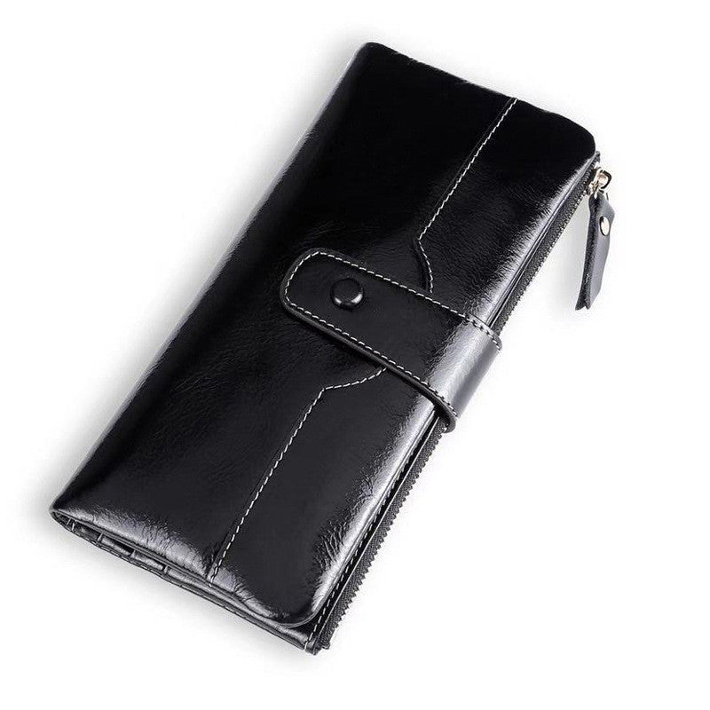Ladies Long Wallet In Oil Wax Top Layer Cowhide