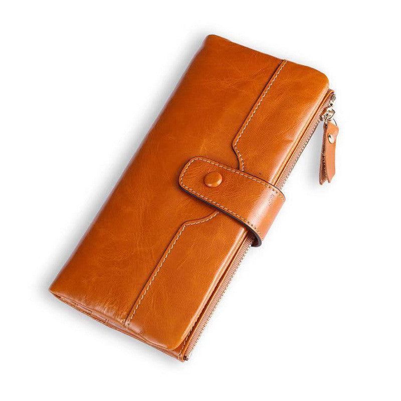 Ladies Long Wallet In Oil Wax Top Layer Cowhide