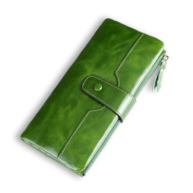 Ladies Long Wallet In Oil Wax Top Layer Cowhide