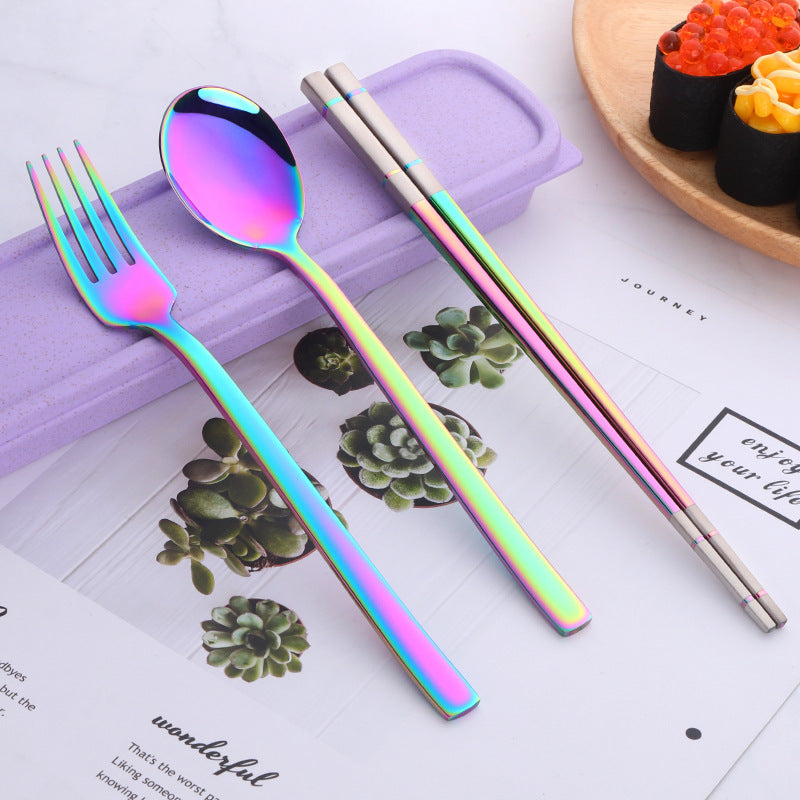 Portable Student Tableware Box Set Cute Chopsticks Spoon Fork Stainless Steel Three-Piece Single Travel