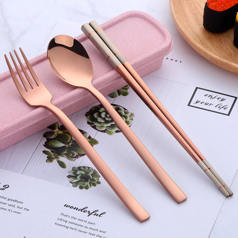 Portable Student Tableware Box Set Cute Chopsticks Spoon Fork Stainless Steel Three-Piece Single Travel