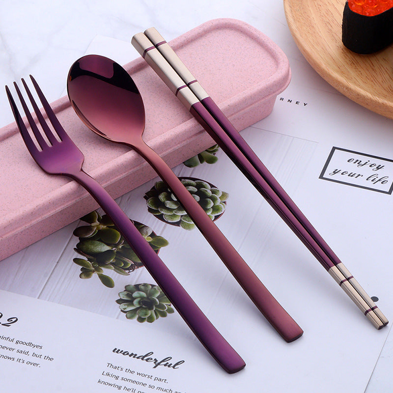Portable Student Tableware Box Set Cute Chopsticks Spoon Fork Stainless Steel Three-Piece Single Travel