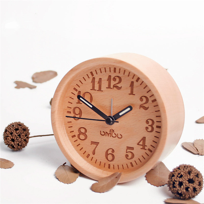 Log Silent Alarm Clock Solid Wood Desktop Clock Beech Clock