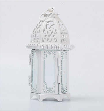 Hot Sale European Style Moroccan Glass Candle Holder Wrought Iron Wind Lamp Aromatherapy