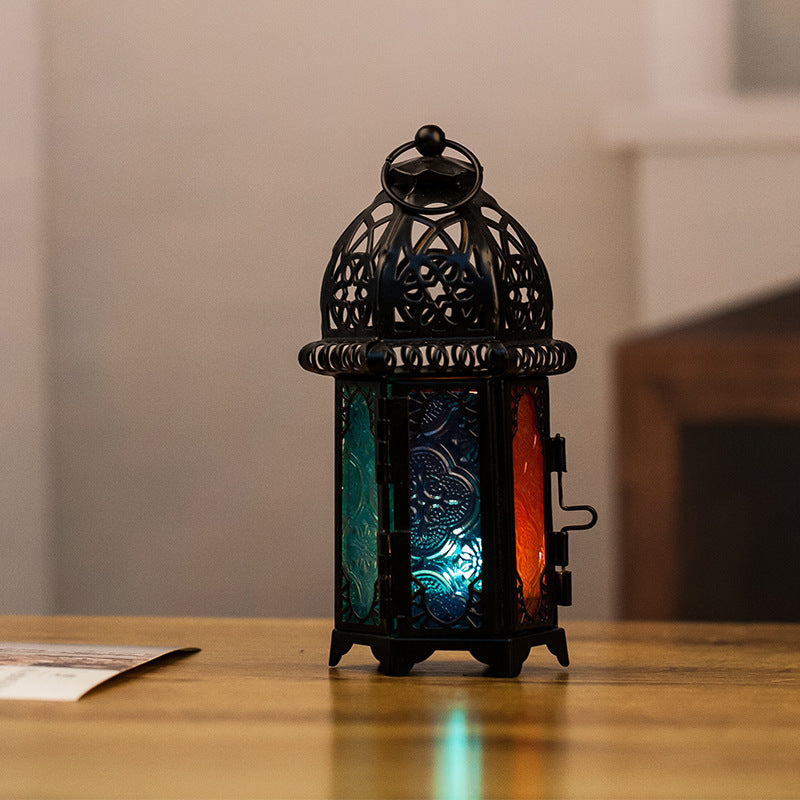 Hot Sale European Style Moroccan Glass Candle Holder Wrought Iron Wind Lamp Aromatherapy