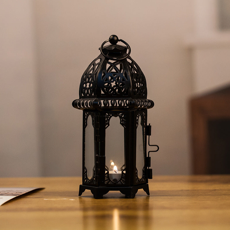 Hot Sale European Style Moroccan Glass Candle Holder Wrought Iron Wind Lamp Aromatherapy