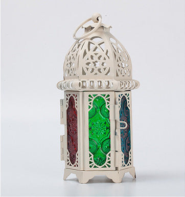 Hot Sale European Style Moroccan Glass Candle Holder Wrought Iron Wind Lamp Aromatherapy
