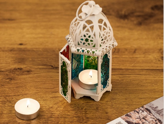 Vente chaude bougeoir en verre de style européen marocain, lampe à vent en fer forgé, aromathérapie