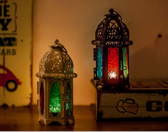 Vente chaude bougeoir en verre de style européen marocain, lampe à vent en fer forgé, aromathérapie