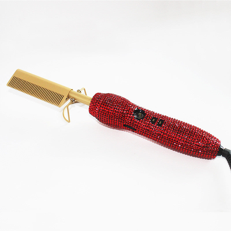 Hairdressing Comb Straight Curl Set With Glass Rhinestone Dual-Purpose Gold Diamond-Set Straight Hair Comb Hair Straightener