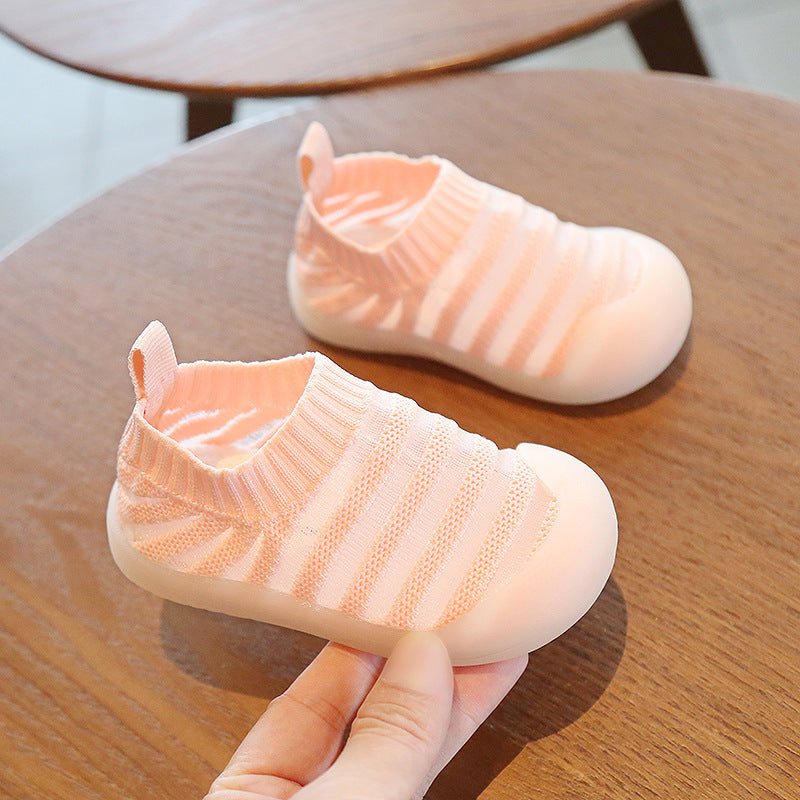 Solid Color Striped Flying Knit Baby Soft-Soled Toddler Shoes