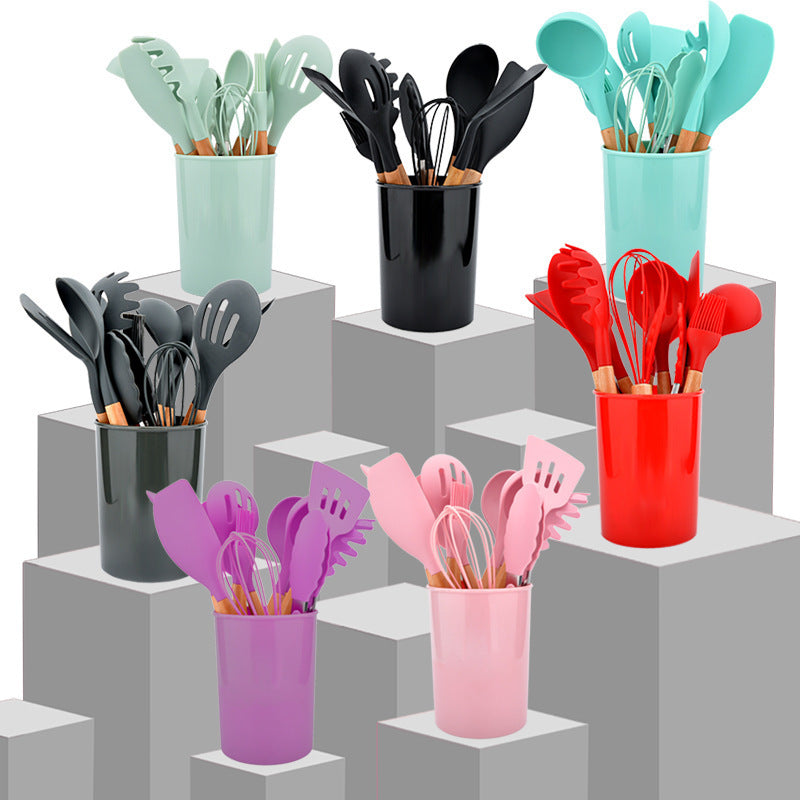 Ustensiles de cuisine en silicone à manche en bois, ensemble de 12 spatules antiadhésives, outils de cuisine, spatule de cuisson, cuillère, ensemble de pâtisserie