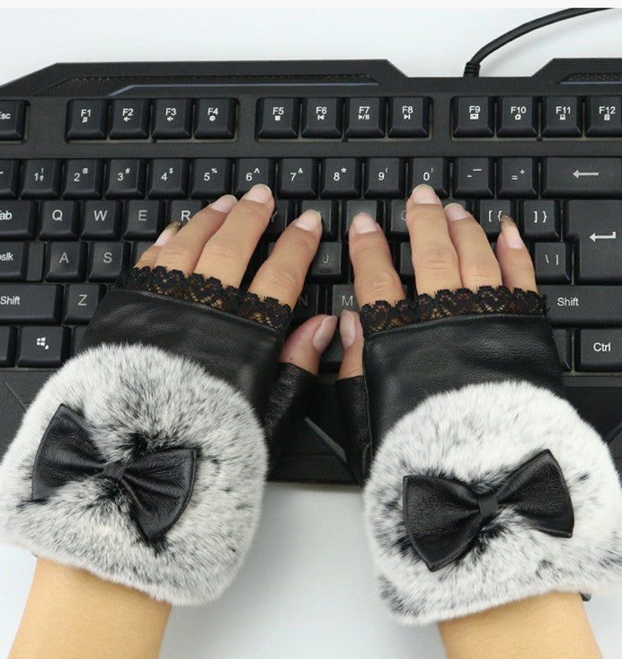 Genuine Leather Half-Finger Gloves Women'S Autumn And Winter Warm Sheepskin Rex Rabbit Fur Mouth Writing And Computer Student Gloves