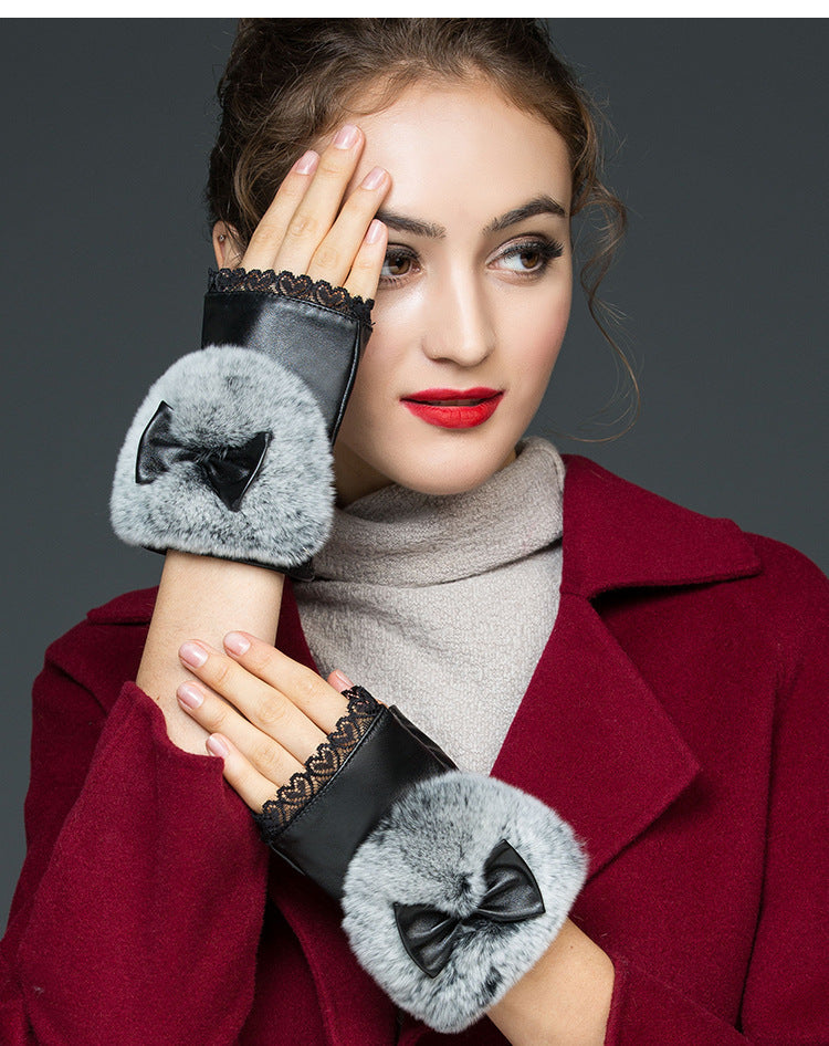 Genuine Leather Half-Finger Gloves Women'S Autumn And Winter Warm Sheepskin Rex Rabbit Fur Mouth Writing And Computer Student Gloves