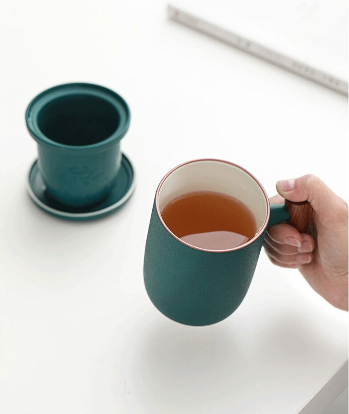 Household Tea Cup With Lid Tea Water Separation Filter Cup Creative Wooden Handle Water Cup Ceramic Office Cup