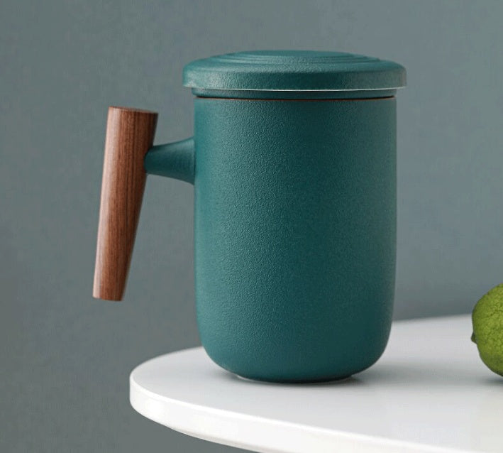 Household Tea Cup With Lid Tea Water Separation Filter Cup Creative Wooden Handle Water Cup Ceramic Office Cup