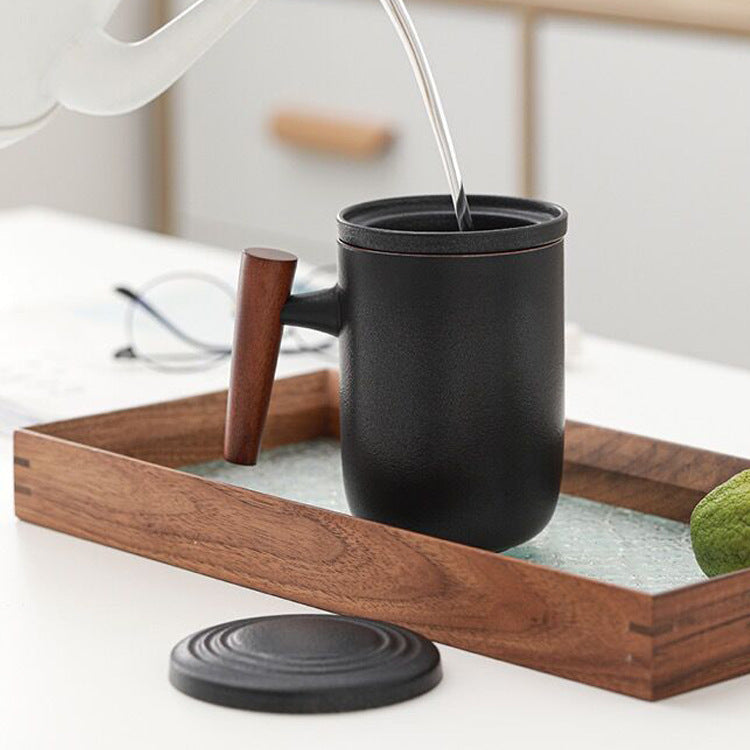 Household Tea Cup With Lid Tea Water Separation Filter Cup Creative Wooden Handle Water Cup Ceramic Office Cup