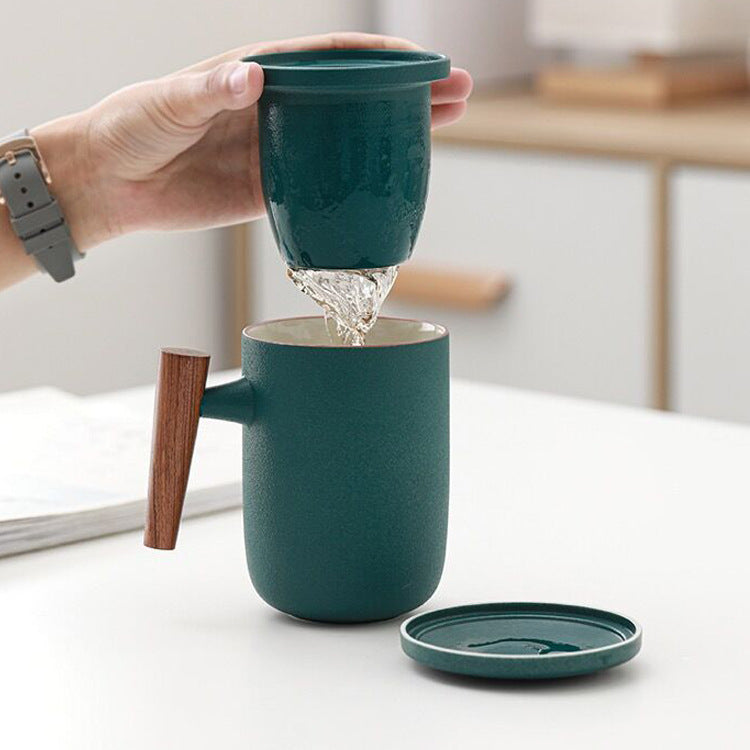 Household Tea Cup With Lid Tea Water Separation Filter Cup Creative Wooden Handle Water Cup Ceramic Office Cup