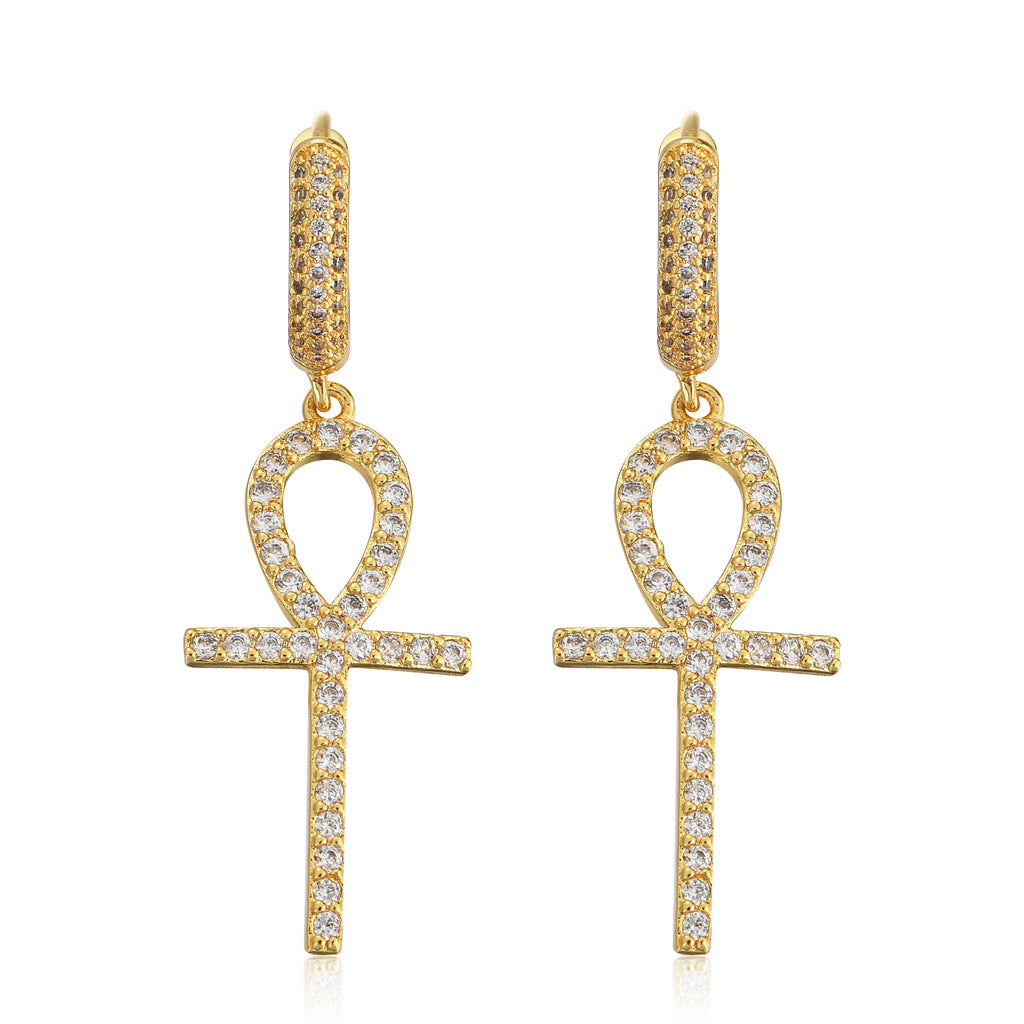 The New Anhe Key Cross Earrings Hip-Hop Men And Women Full Of Zircon Trendy Brand Personality Hip-Hop Earrings
