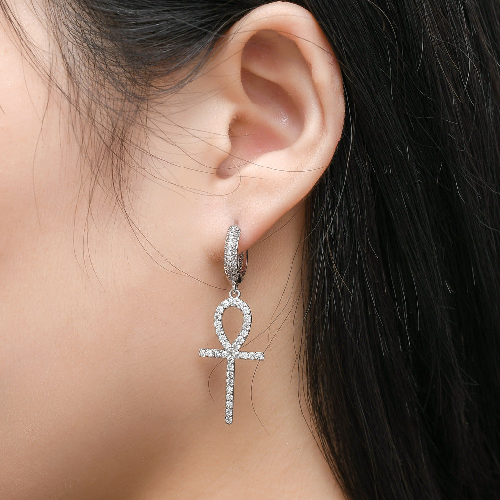 The New Anhe Key Cross Earrings Hip-Hop Men And Women Full Of Zircon Trendy Brand Personality Hip-Hop Earrings