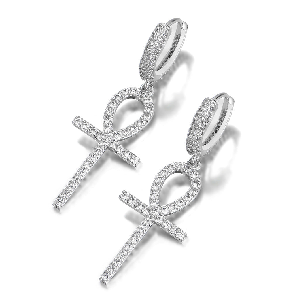 The New Anhe Key Cross Earrings Hip-Hop Men And Women Full Of Zircon Trendy Brand Personality Hip-Hop Earrings
