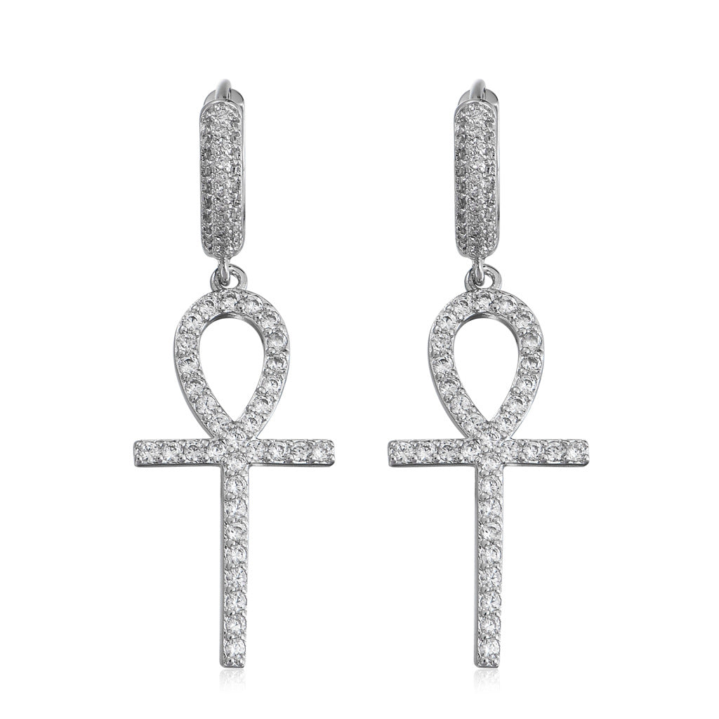 The New Anhe Key Cross Earrings Hip-Hop Men And Women Full Of Zircon Trendy Brand Personality Hip-Hop Earrings