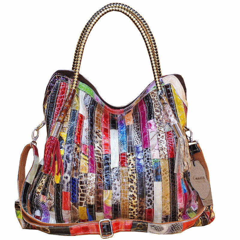 Cowhide Snake Pattern Colorful Stripes And One Shoulder Diagonal Bag