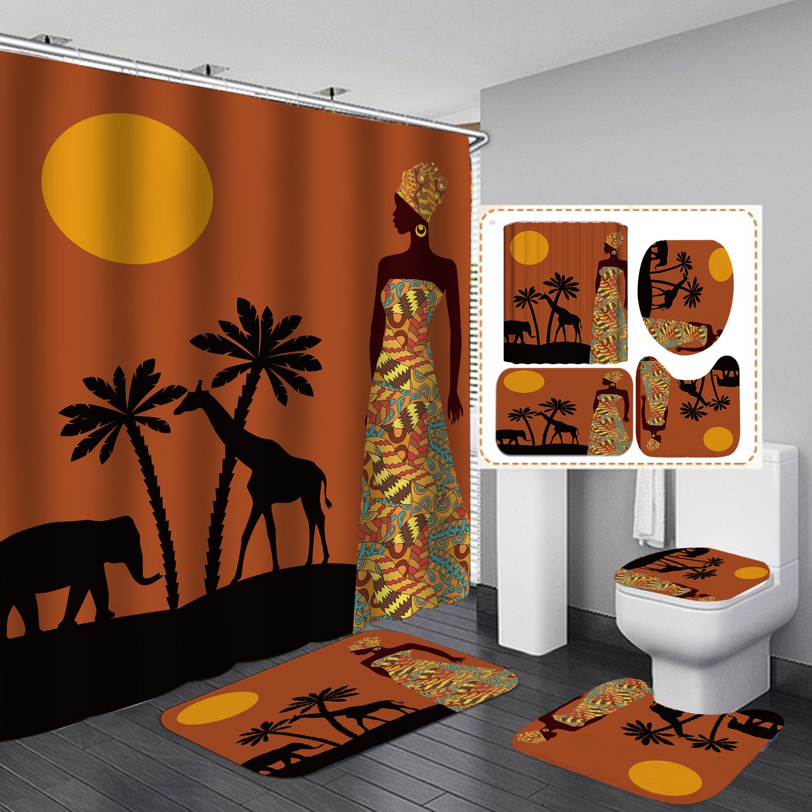 Vintage African Woman Shower Curtain Set Bathroom