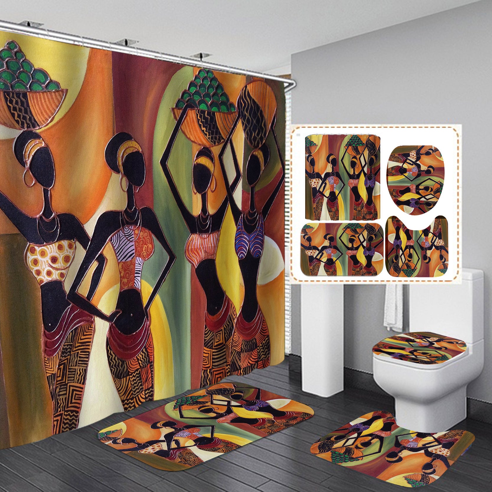 Vintage African Woman Shower Curtain Set Bathroom