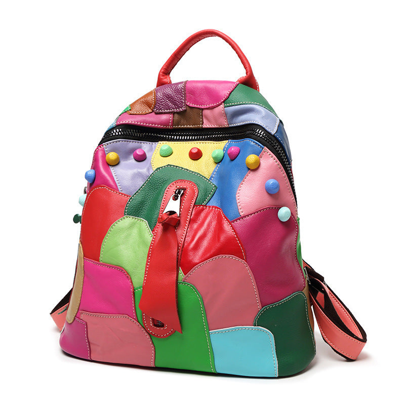 Large Capacity Leather Backpack Women Cross-Border Wholesale New Stitching Backpack Sheepskin Travel Handbag