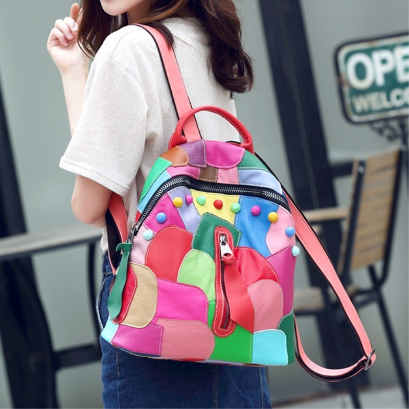 Large Capacity Leather Backpack Women Cross-Border Wholesale New Stitching Backpack Sheepskin Travel Handbag