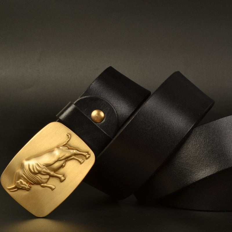 Top Layer Cowhide Vegetable Tanned Leather Belt Double-Sided Dyed Men'S Formal Dress Solid Pure Brass Smooth Buckle Belt