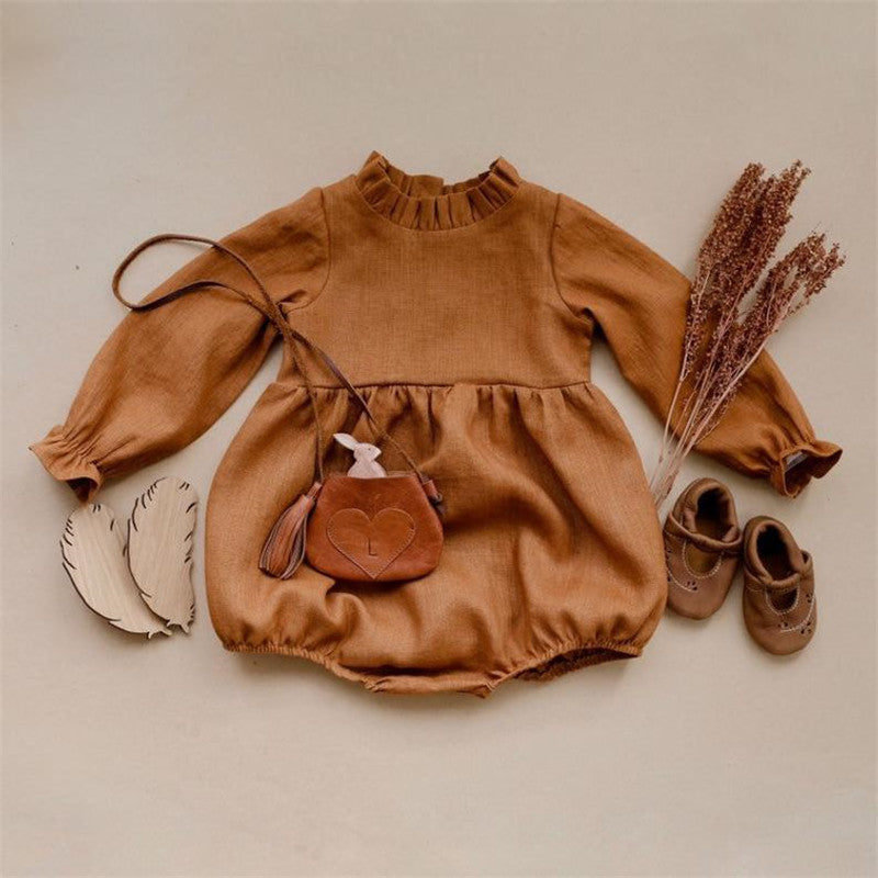 Cotton And Linen Lotus Leaf Collar Triangle Romper With Long Sleeves