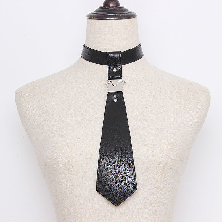 Punk Couple Style Silver Metal Buckle Adjustable Black Leather Tie