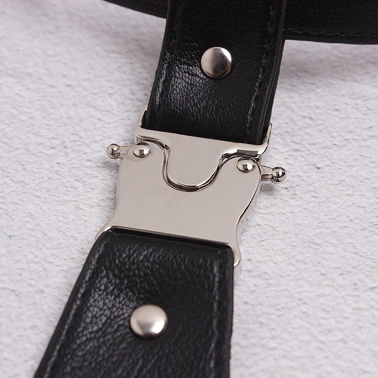 Punk Couple Style Silver Metal Buckle Adjustable Black Leather Tie