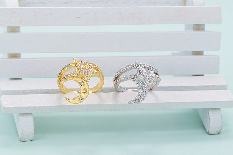 Double Layer Star Moon Pendant Adjustable Ring Gold Silver Color Cubic Zirconia Female Finger Rings