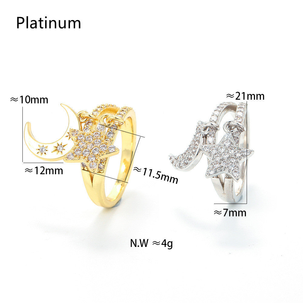Double Layer Star Moon Pendant Adjustable Ring Gold Silver Color Cubic Zirconia Female Finger Rings