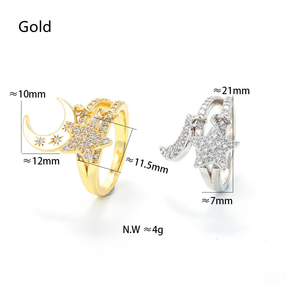 Double Layer Star Moon Pendant Adjustable Ring Gold Silver Color Cubic Zirconia Female Finger Rings