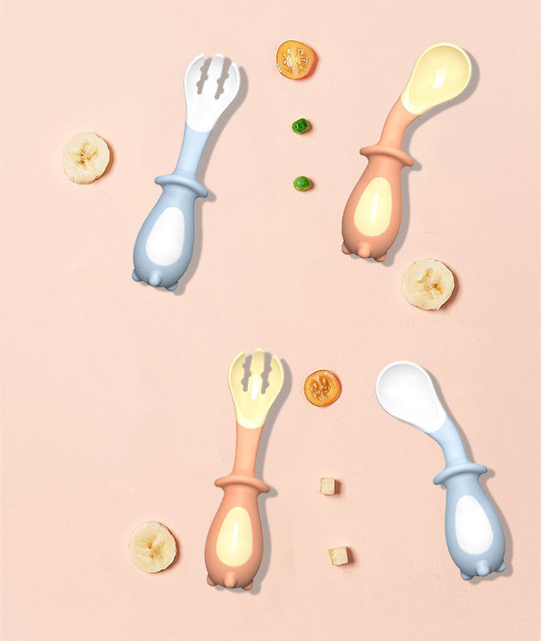 Baby Learn To Eat Training Fork Spoon Baby Food Elbow Feeding Tableware Twist Fork Spoon Children''S Tableware Set