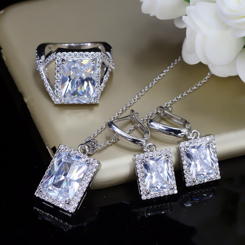 Square Diamond European And American Necklace Korean Style Boutique Fashion Zircon Earrings