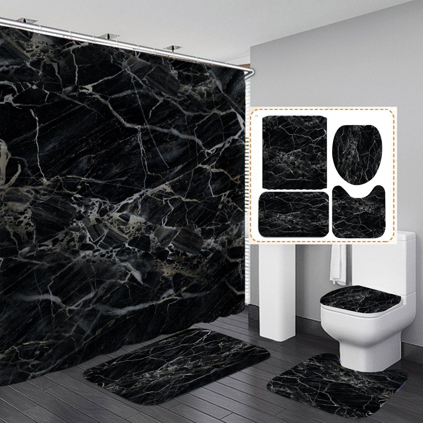 Marble Texture, Printed Polyester, Waterproof Shower Curtain Set