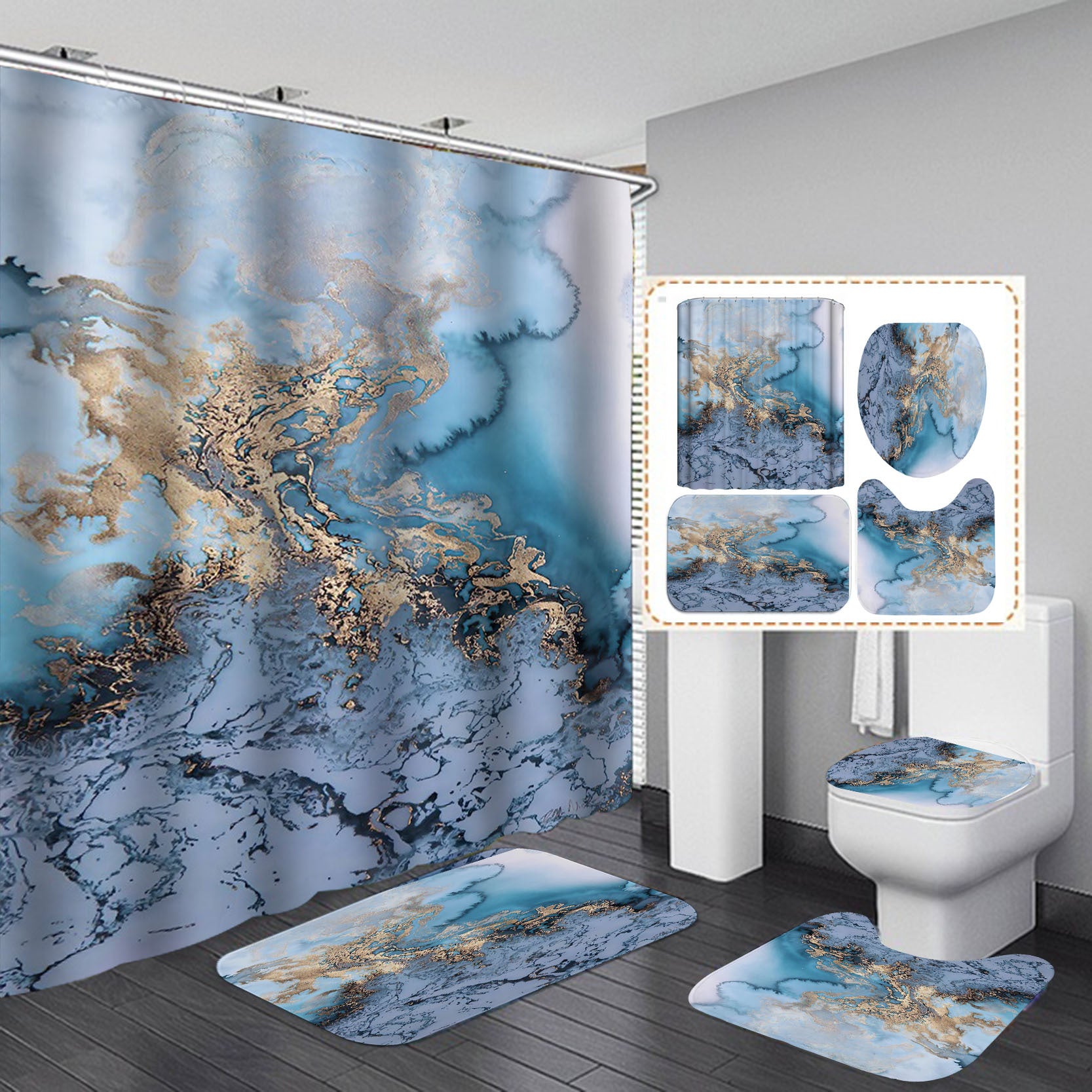 Marble Texture, Printed Polyester, Waterproof Shower Curtain Set
