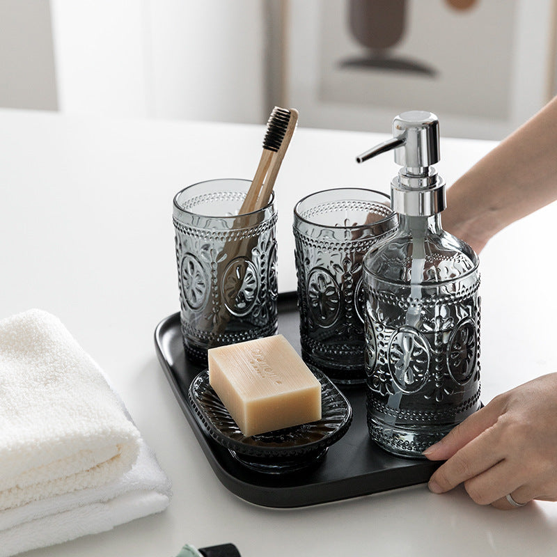Glass Mouthwash Cup Five-piece Set, Brushing Cup, Hand Soap Bottle, Soap Box Combination With Tray