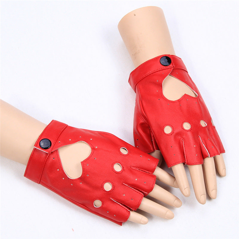 Half Finger Gloves Ladies Dance Performance Thin Fitness Yoga Cute Peach Heart Fingerless Leather Gloves