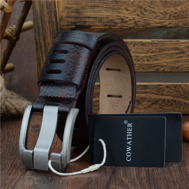 Ceinture décontractée en cuir de vachette double couche avec boucle ardillon pour homme