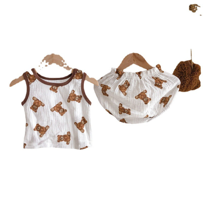 Baby Suit Summer Clothes Soft Cotton Yarn Cartoon Bear Sleeveless Bloomers Suit